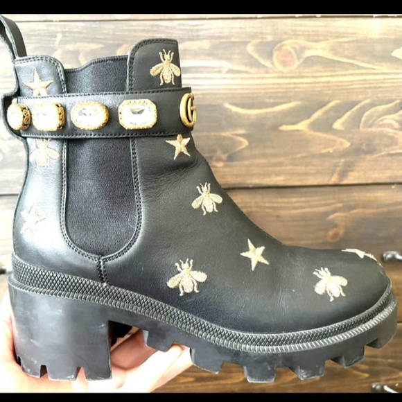 Gucci Shoes - Gucci Black Leather Lug Chelsea Boot with Gold Bee & Star Embroidery